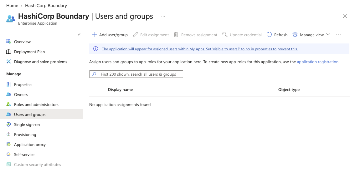 Entra Users and groups blade for the enterprise application, showing no assignments