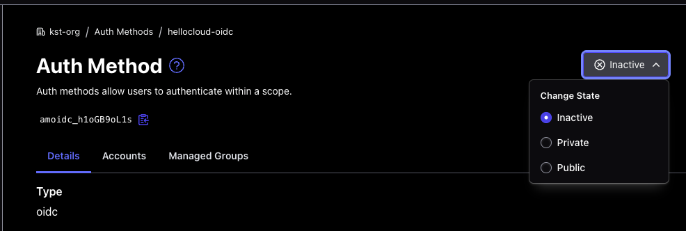 Boundary auth method page with the state dropdown open on Inactive, Private, Public