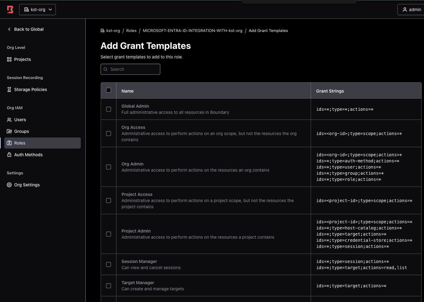 Boundary grant templates listing named roles alongside their grant strings