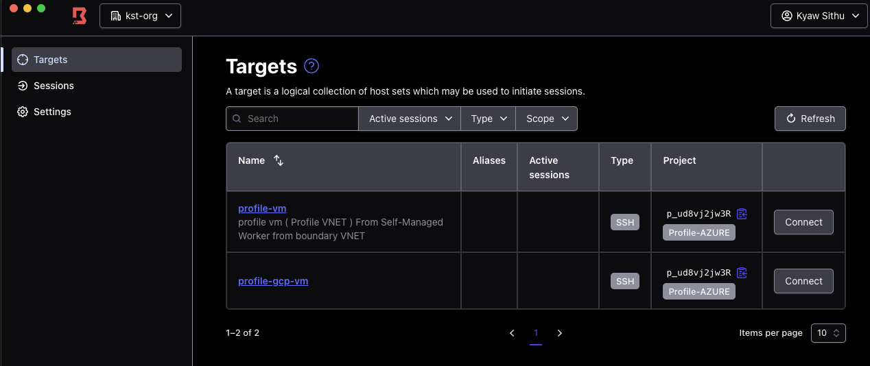 Boundary desktop client listing two SSH targets with Connect buttons