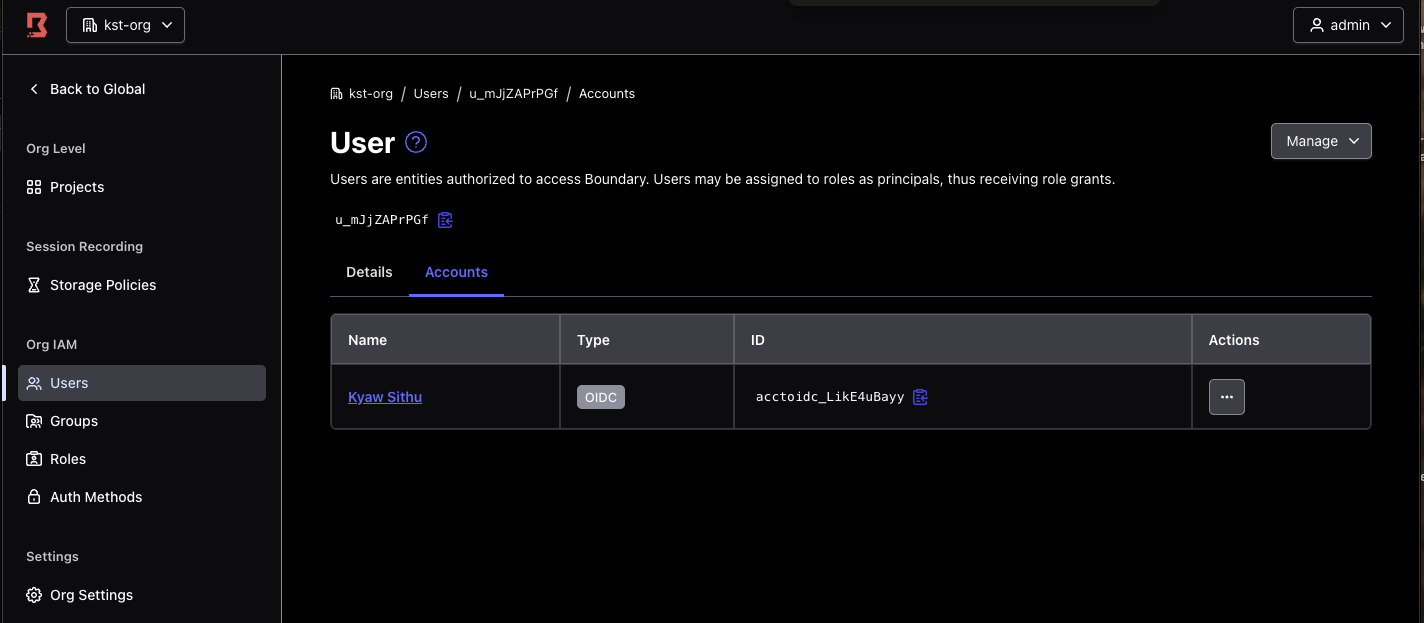 Boundary user page showing a user ID with an OIDC account attached