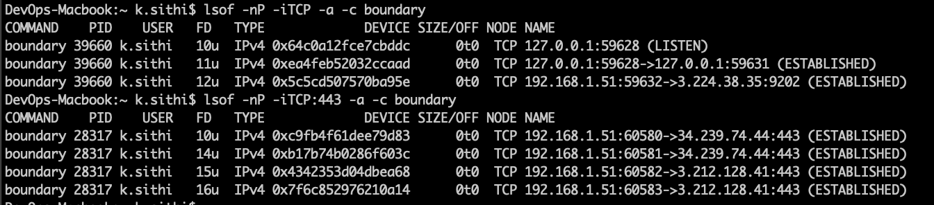 lsof on the laptop showing connections to the controller on 443 and a worker on 9202