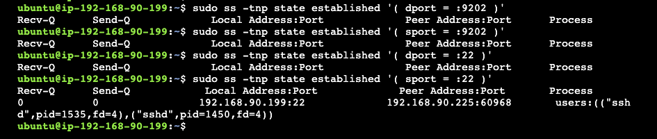 ss on the target showing no 9202 connections and one SSH connection from worker 2