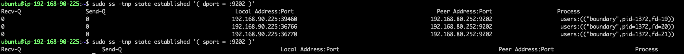 ss on worker 2 showing outbound connections to worker 1 and nothing inbound